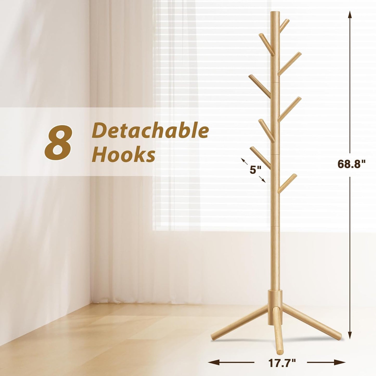 Wooden Coat Rack, Free Standing Coat Rack with 8 Hooks 3 Adjustable Heights for Clothes, Hats, Handbags, Coat Tree Easy Assembly for Entryway, Bedroom, Hallway, Office (New Nature)