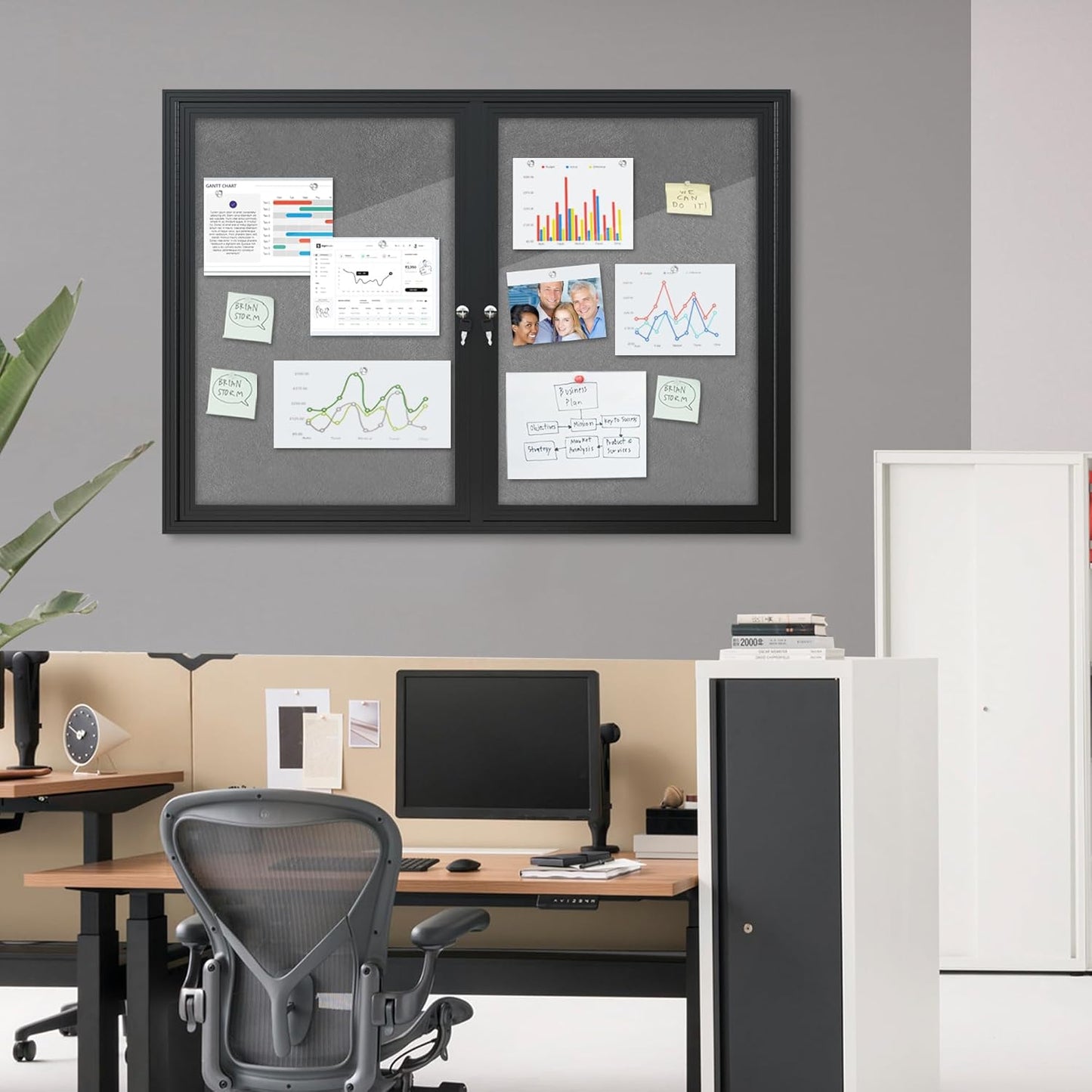 48"x34" Enclosed Bulletin Board, Outdoor Lockable Weather-Resistant Aluminum Cork Noticeboard for School & Office, Black Frame w/Grey Flet