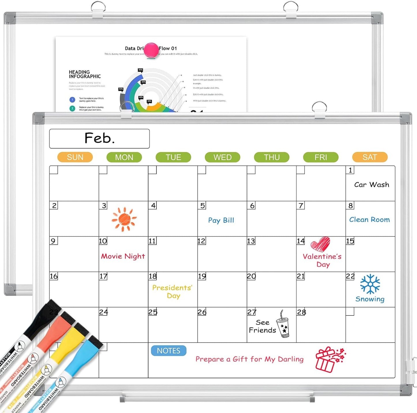 Monthly Calendar Dry Erase Whiteboard for Wall, 36" x 24" Magnetic Dry Erase Board, Hanging Double-Sided White Board, Portable Board for School, Planning, Memo, Home, Office, 2025 Calendar