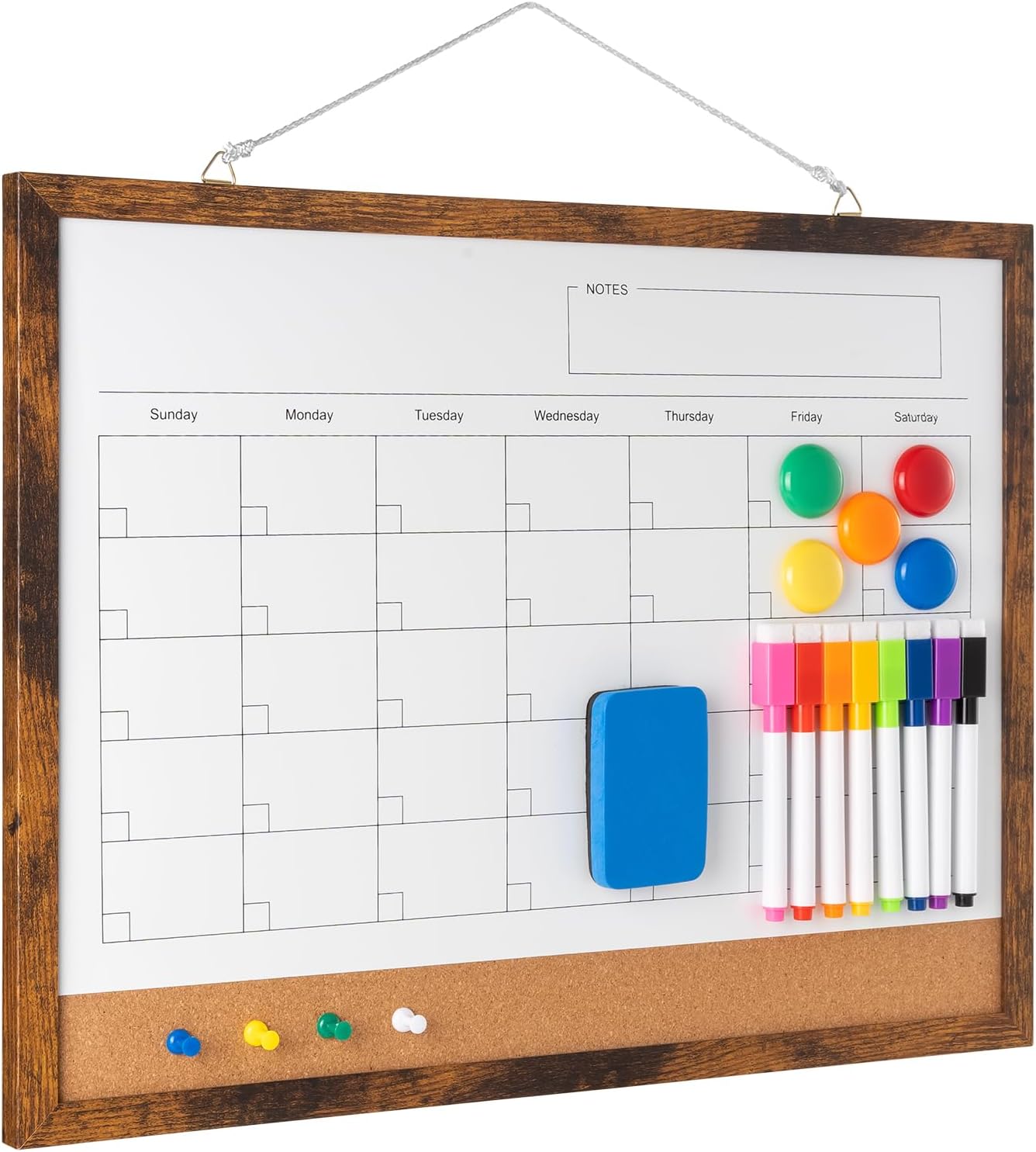 Dry Erase Calendar Whiteboard, 17" x 13" Magnetic Whiteboard Cork Board Combo, Reusable Monthly Planner with 8 Markers, Eraser, Magnets and Pushpins, Hanging Dry Erase Board for Home, School - Brown