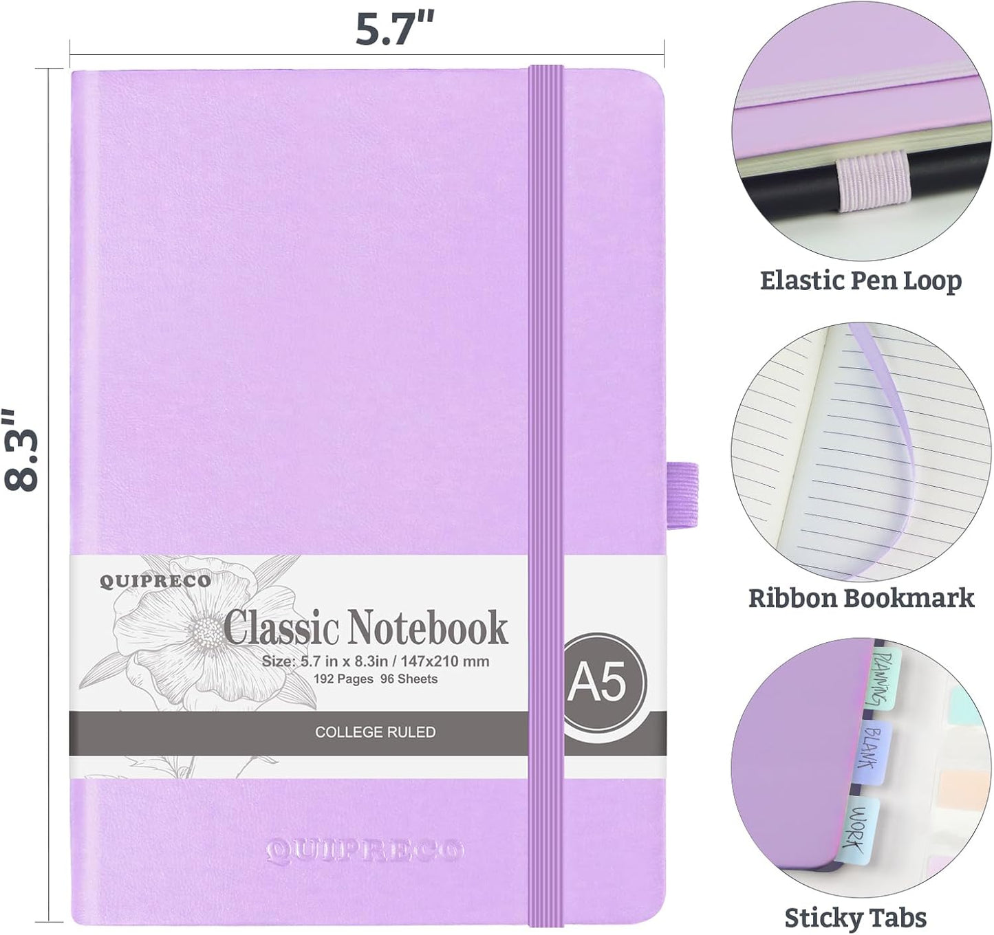 2Pack Lined Hardcover Journal Notebook, A5 192 Pages 100Gsm Thick Paper College Ruled for School,Note Taking,Work,Diary，5.7"*8.3",Lavender