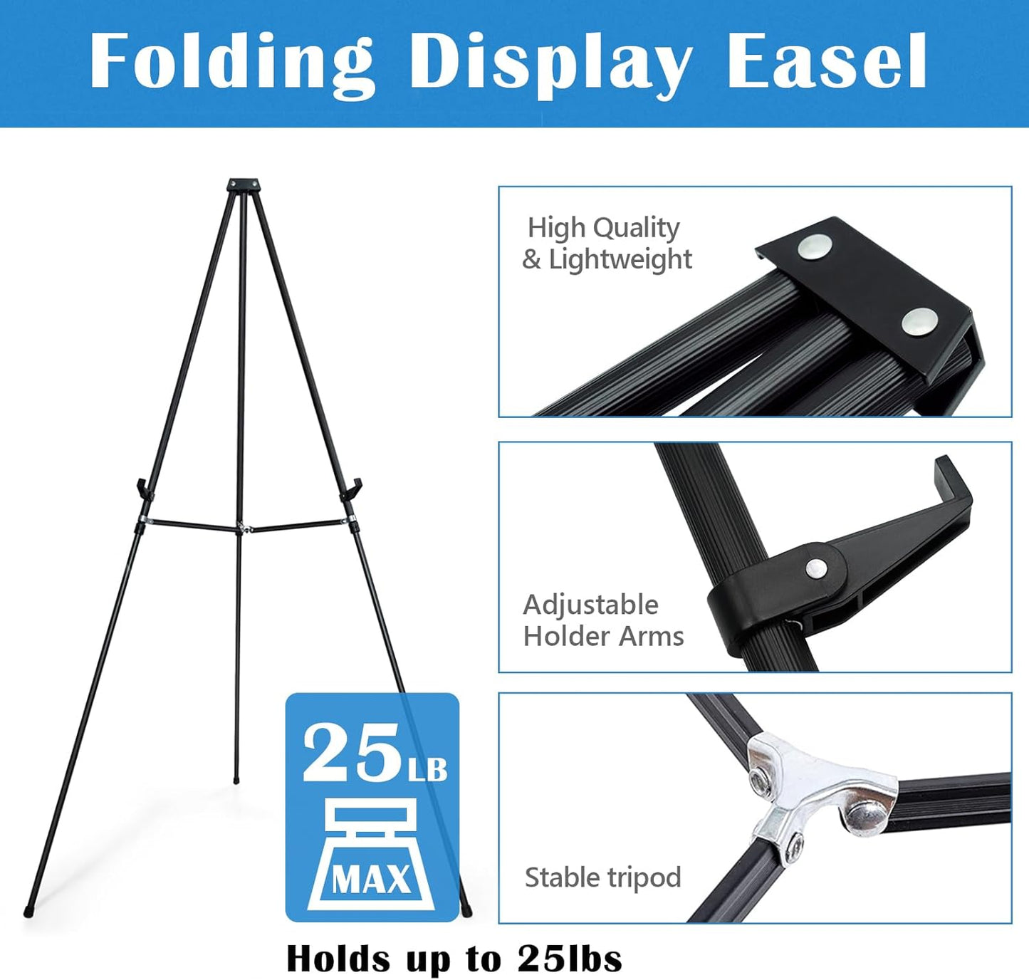 Falling in Art 66" High Black Aluminum Display Easel Stand, Large Adjustable Height Presentation Stand, Portable Tripod Holding Signs, Posters, and Whiteboards Up to 25lbs