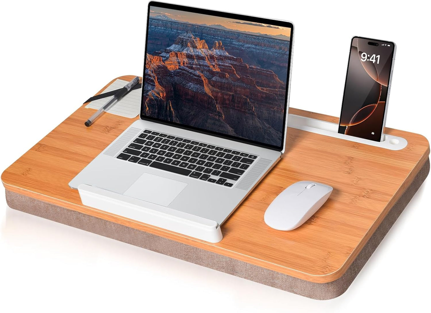 wishacc Oversized Bamboo Lap Desk with Phone/Tablet Slots & Cushion Pillow – Extra-Large Portable Laptop Stand for Home, Office, Bed, Car