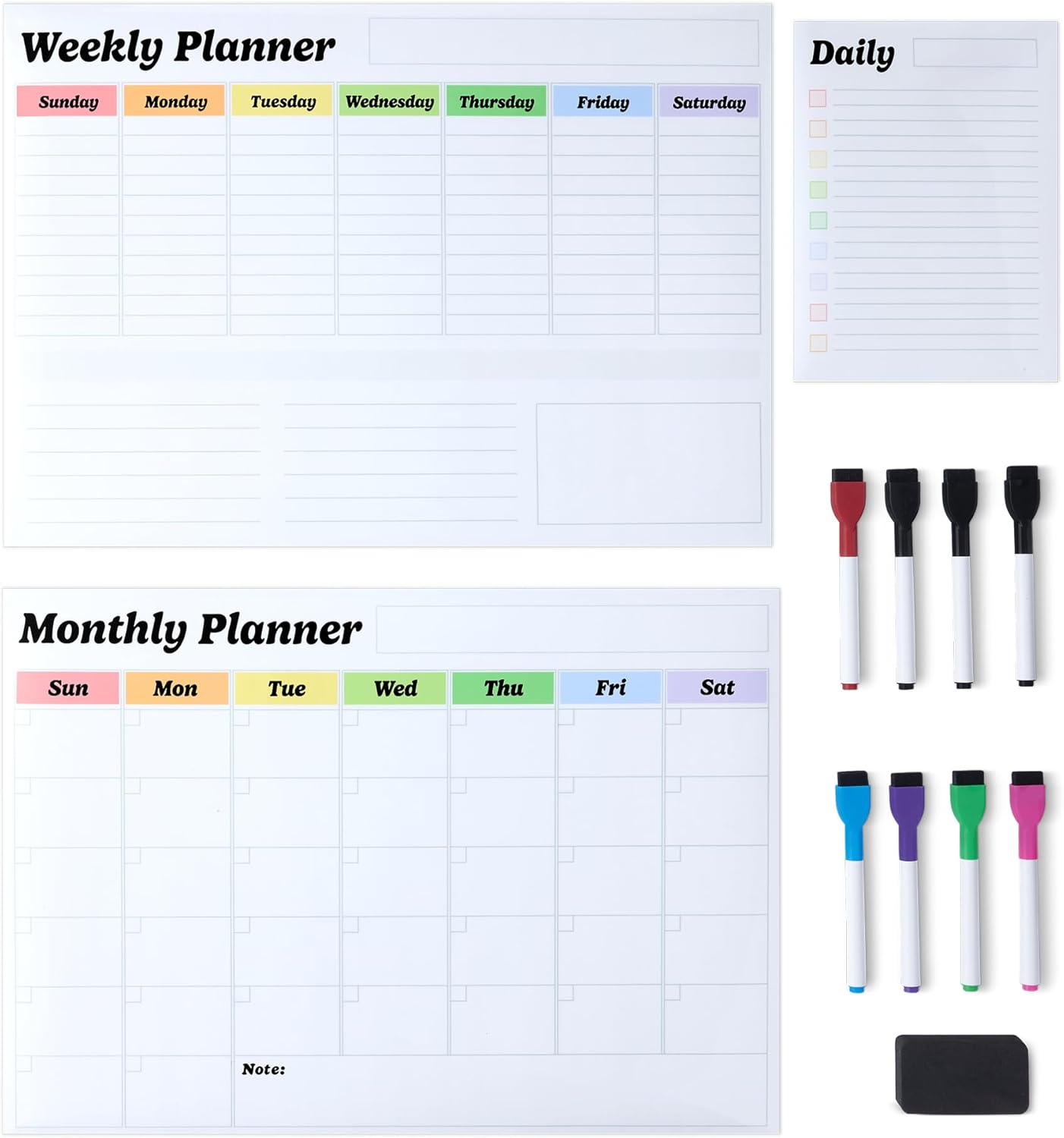 Amazon Basics Magnetic Dry Erase Calendar Whiteboard Set (3-Pack) for Fridge, 8 Markers and Eraser