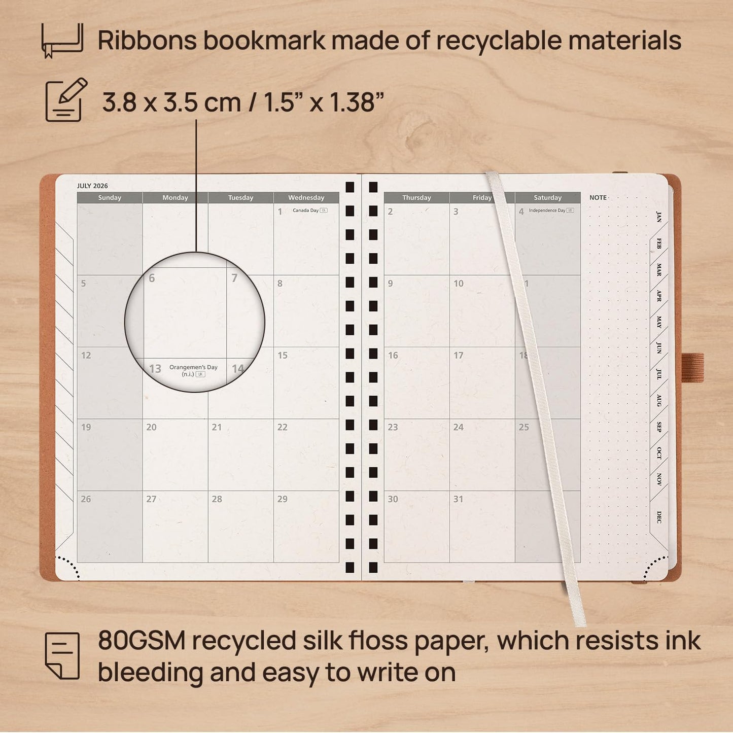 POPRUN 2026 Planner - 2026 Recycled Weekly Planner [Italian Regenrated Leather - Medium Size 6.5'' x 8.5''] - 2026 Weekly Planner with Hourly Schedule, Monthly Tabs-26-WERO7-DST - Desert Brown