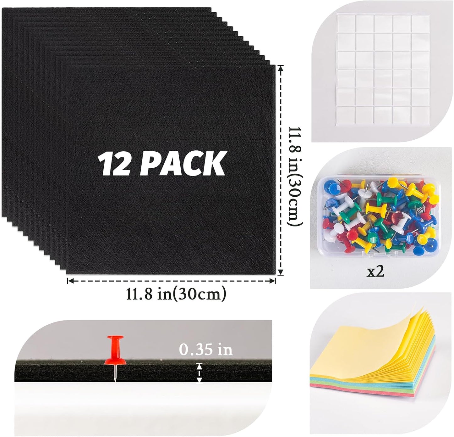 Large Cork Board Alternative, 12 Pack Felt Board with Safe Removable Adhesive Tabs Felt Wall Tiles, Large Cork Boards for Walls, Cork Board for Home Office, Pin Boards for Walls, Black