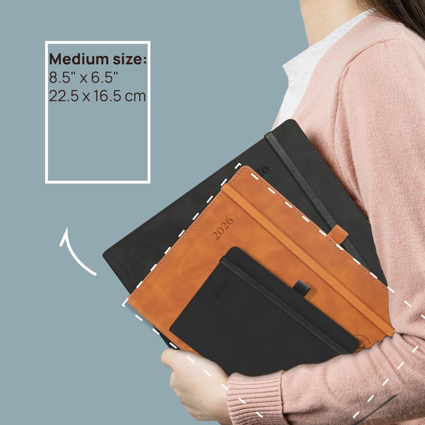 POPRUN Weekly Planner 2026 (Medium 6.5" x 8.5") Calendar 12 Months Notebook with Horizontal Layout, Leather Soft Cover, Monthly Tabs, Inner Pocket, 100GSM Thick Paper, Pen Holder - Cerulean Blue