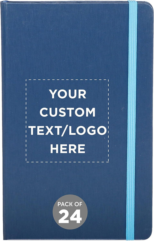 DISCOUNT PROMOS Custom Hardcover Notebook Journals with Elastic Colored Band Set of 24, Personalized Bulk Pack - Perfect for School, Office, Home - Blue