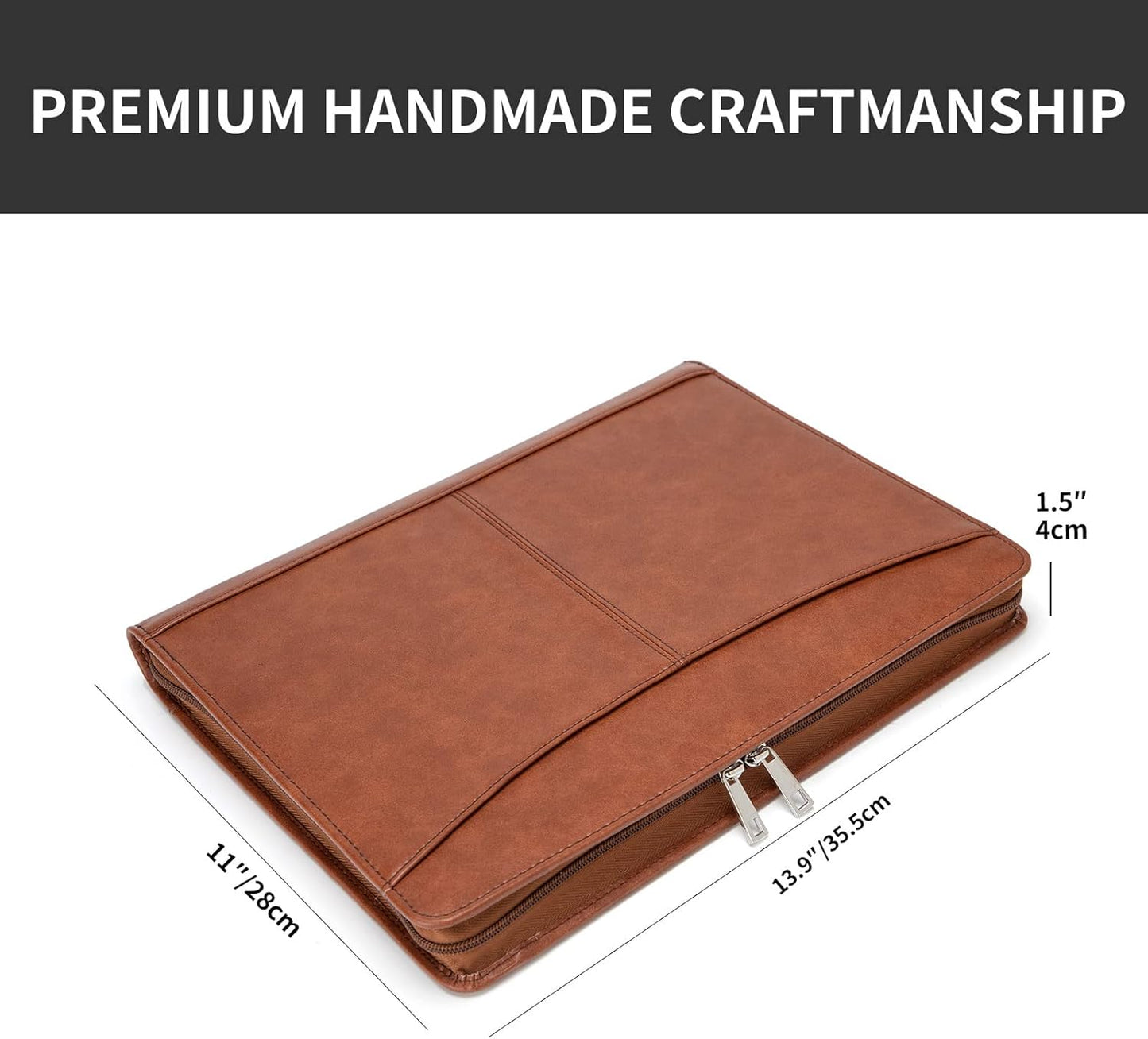 Personalized Vegan Leather Portfolio with Front Pocket for Men and Women, Custom Zippered Padfolio Binder for 8.5 x 11 Legal Pad Notebook, Professional Laptop Case, Brown