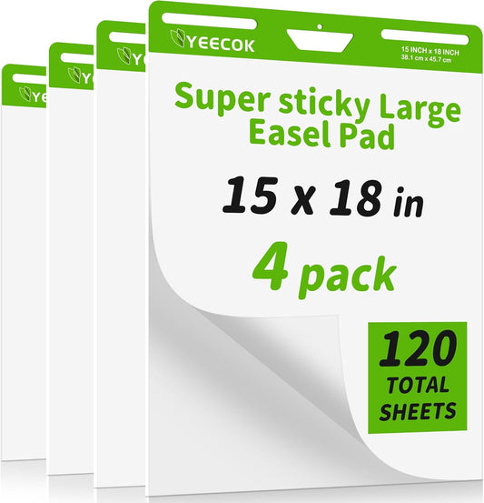 Self-Stick Mini Easel Pad 15 in x 18 in, 30 Sheets/Pad, 4 Pads/Pack, Sticky Flip Chart Paper for Teachers, Super Sticking Power & Bleed-Resistant