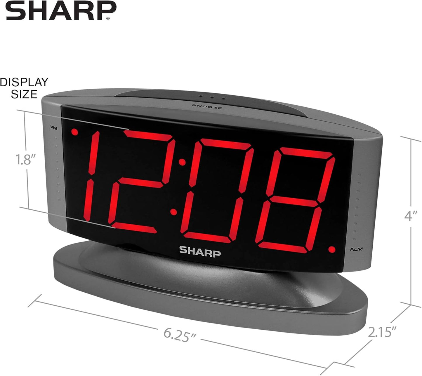 Sharp Home LED Digital Alarm Clock – Swivel Base - Outlet Powered, Simple Operation, Alarm, Snooze, Brightness Dimmer, Big Red Digit Display, Gun Metal Grey Case