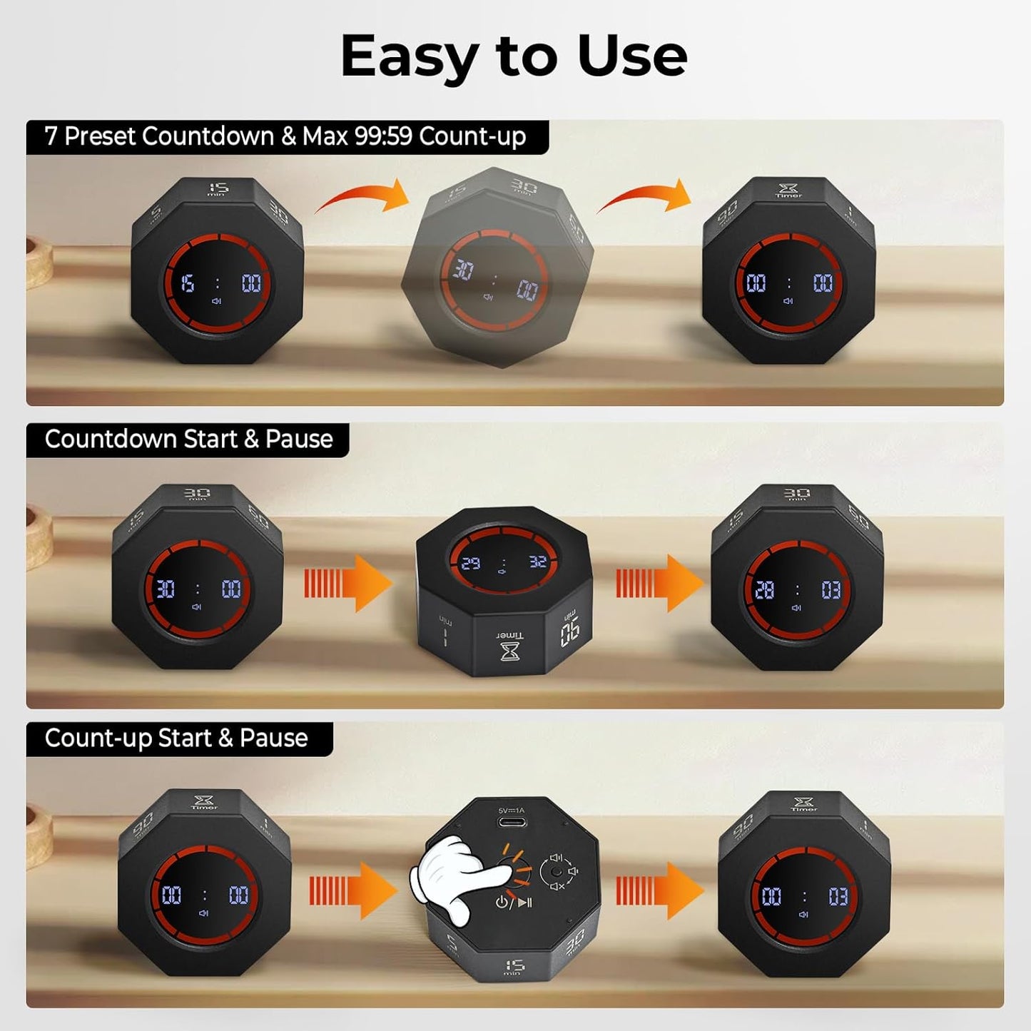 Rechargeable Pomodoro Timer, 8-Angle Auto-Rotating Screen with Gravity Sensor, Digital Timers for Classroom, Small Kitchen Timers for Cooking, Work and Study (Space Gray)