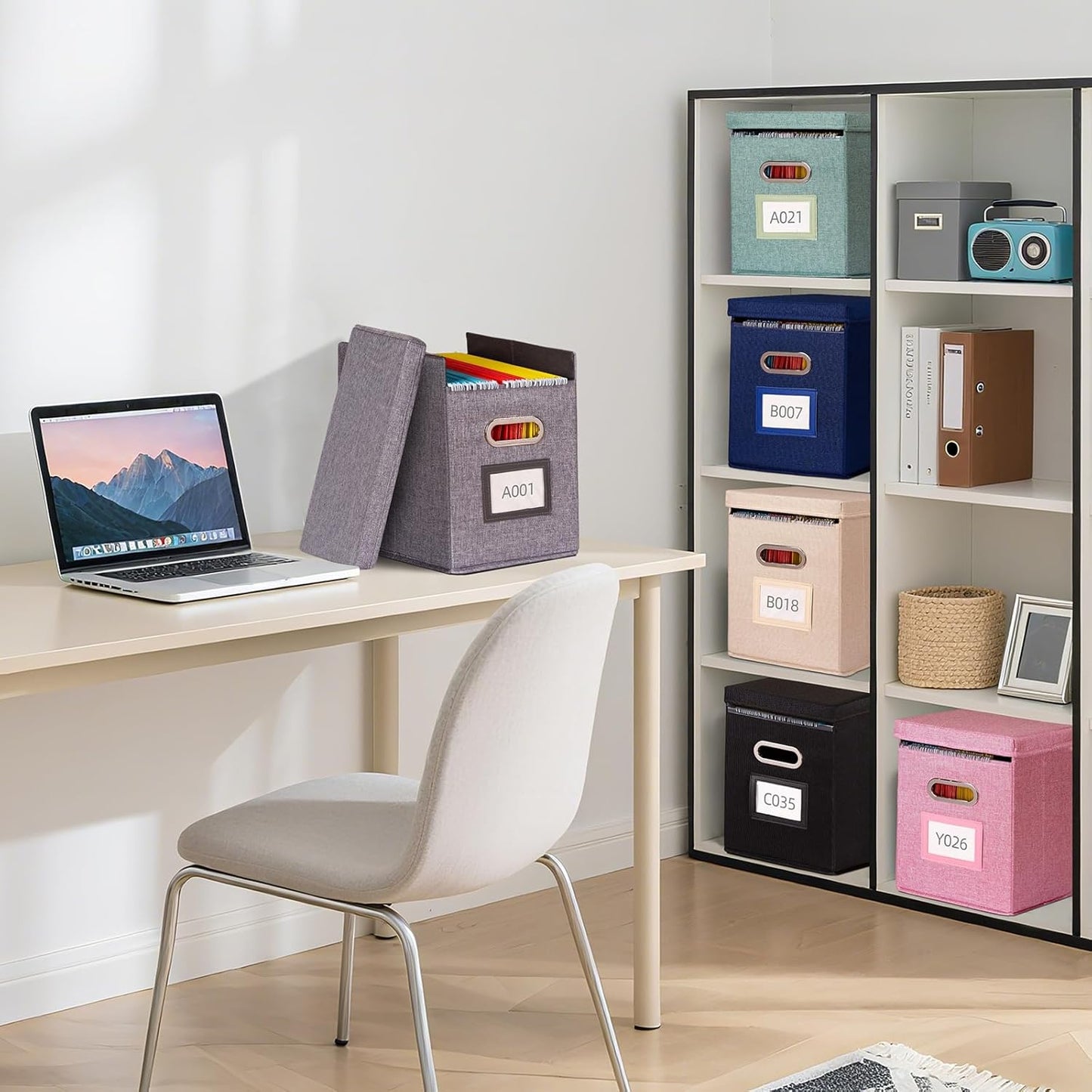 4 Pack Hanging File Folders Organizer with Lid, Letter Size Fabric File Storage Box Collapsible, Portable Office Document Holder with Metal Handle, Smooth PVC Rails, Gray