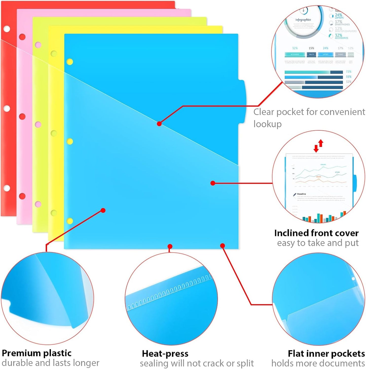 5 Tabs Plastic Dividers with 2 Clear Pockets - 2 Sets, Pocket Dividers for 3-Ring Binders, Multi-Color Binder Dividers, Total 10 Tabs