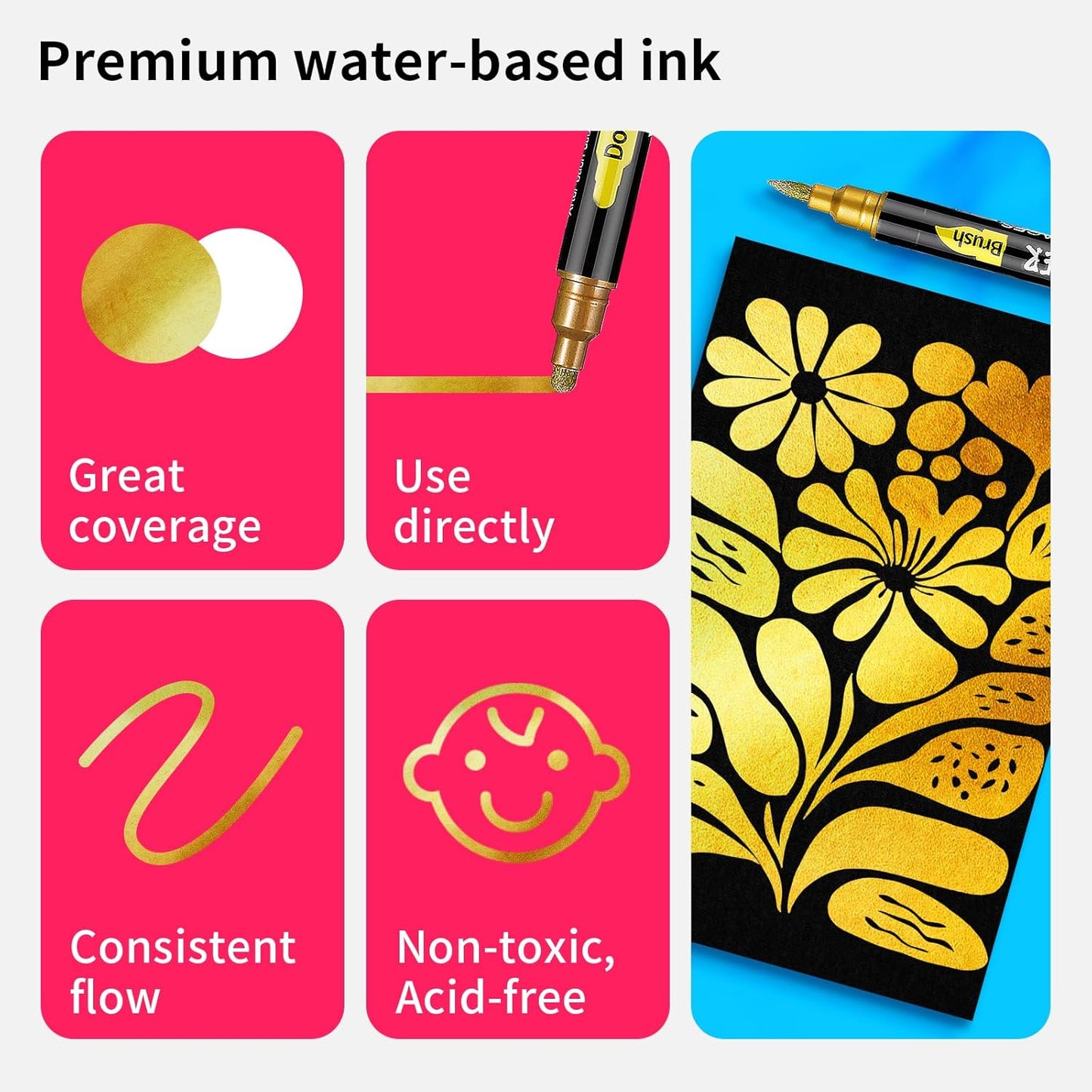 NAWOD 3 Gold Acrylic Paint Pens Markers, Dual Tip (Dot Tip + Brush Tip), for Rock Painting Fabric Canvas Glass Wood Ceramic Paper Eggs, Fabric Marker Ideal for Labeling DIY Crafts Art Projects