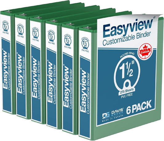 Easyview Premium 3-Ring Binders with Clear-View Covers and Round Rings, Binders for School or Office, 1.5 Inch, Pack of 6, Green