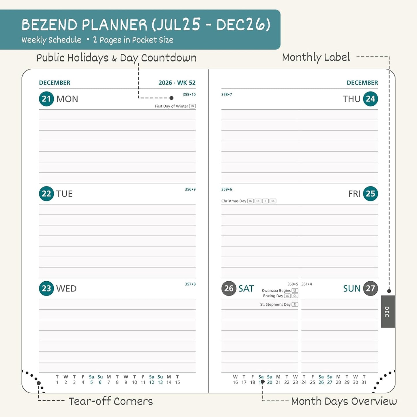 BEZEND Pocket Planner 2025-2026 Weekly and Monthly, 3.5" x 6" Academic Planner (Jul 25-Dec 26) 18-Month Mid-Year Calendar Book, Storage Pocket, Pen Holder, PU Leather Hardcover - Black
