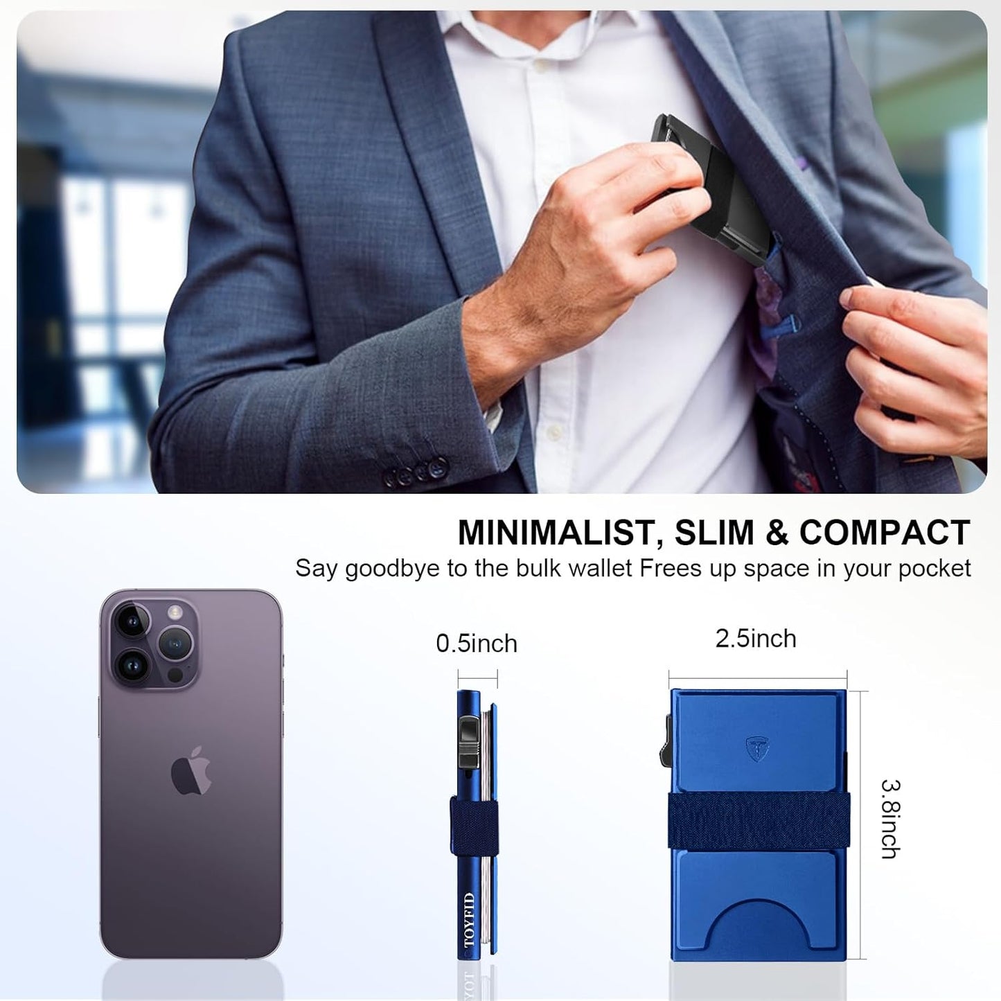 Slim Wallet for Men Aluminum Minimalist Pop Up Card Holder with RFID Blocking Protection Expandable Backplate Cash Band for Boyfriend/Dad/Friend,Holds 12+ Credit Card & Business Cards,Blue