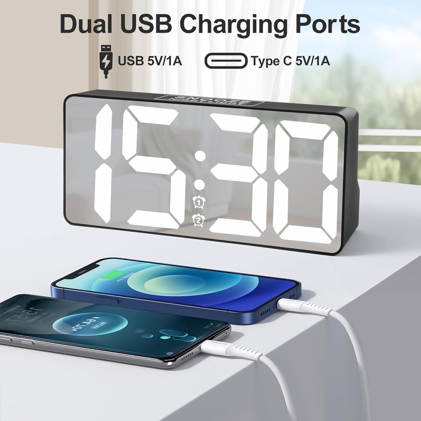 Digital Alarm Clock, Big Number LED Mirror Clock with Type C & USB Charging Port, 2 Alarms,Night Light,Dimmer,Snooze,Battery Backup,12/24H, Bedside Digital Clock for Bedroom Home Office Decor Kid Teen