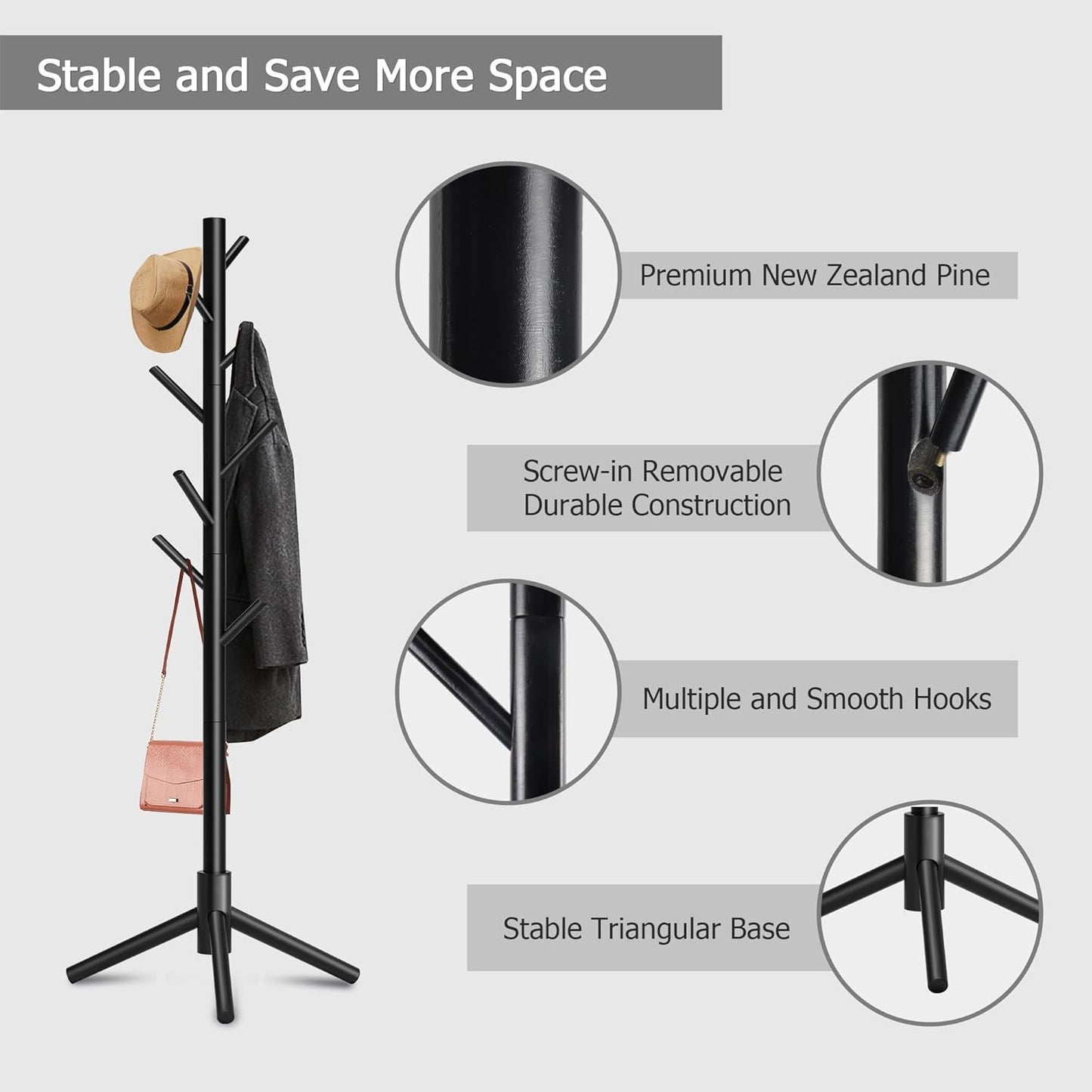 Wooden Coat Rack, Free Standing Coat Rack with 8 Hooks 3 Adjustable Heights for Clothes, Hats, Handbags, Coat Tree Easy Assembly for Entryway, Bedroom, Hallway, Office(2PCS)