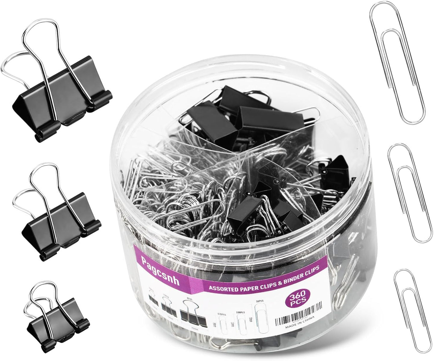 360 Pcs Binders & Paperclips Assorted Sizes with Container, Silver Paper Clips & Black Binder Clips Office Supplies, Paper Clamps for Office, Home, School