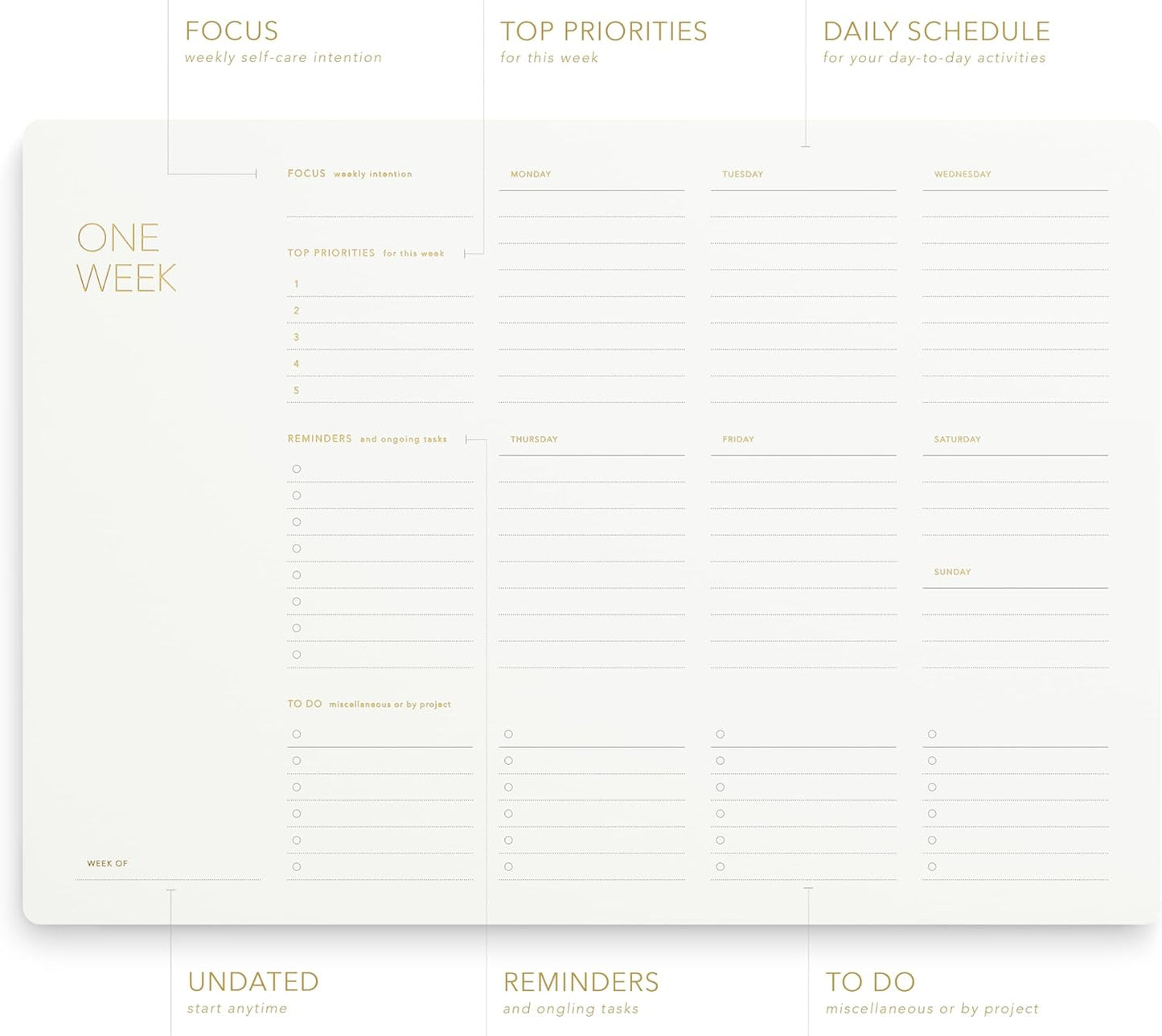 One Week - Elegant Undated Weekly Desk Planner, Gold Foiled, A4, Minimalist Weekly To Do List Notepad, Daily Schedule, Work Week Planner Pad, Eco-friendly, FSC™ Certified