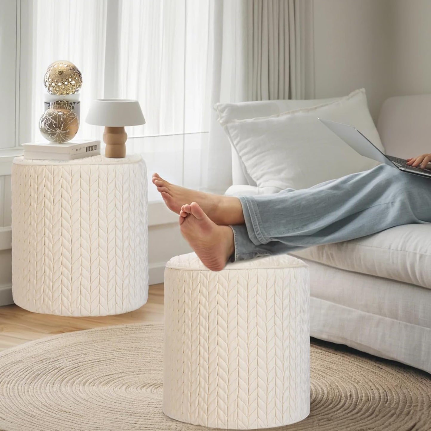 Modern Round Ottoman 2Pcs, Braided-Tufted Foot Stool Ottoman, Velvet Upholstered Vanity Stool for Makeup, Bedroom, Living Room, White