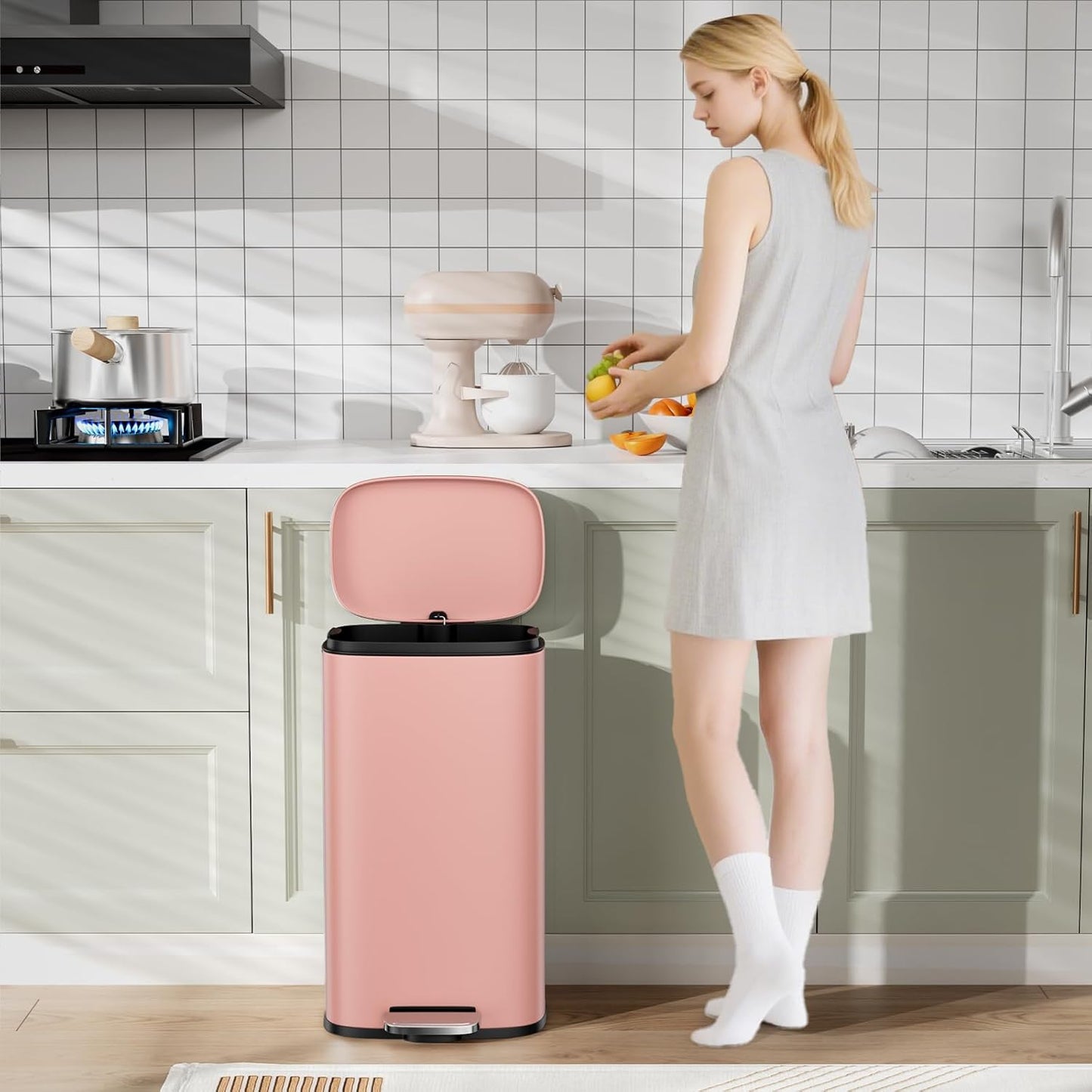 Arlopu 13.2+1.3 Gallon Step Trash Can, Stainless Steel Garbage Bin, Soft-Close Rubbish Bin with Removable Plastic Inner Bucket, Fingerprint-Proof, Lid Dustbin, for Kitchen Home (Pink)