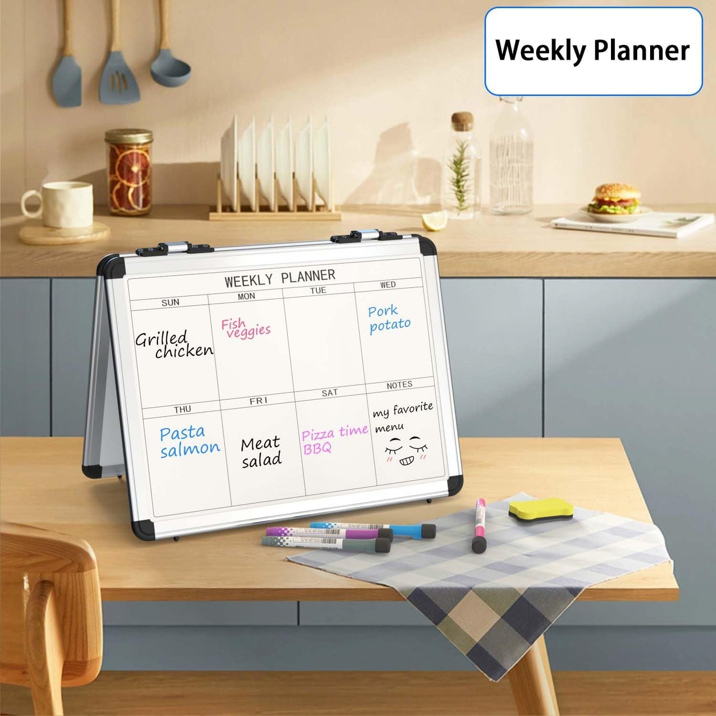 4 Sided Foldable Whiteboards Calendar, 17"x13" Desktop Whiteboard, Integrating with Monthly and Weekly Planner, Multi-Functional Whiteboard Suitable for Home, School and Office.