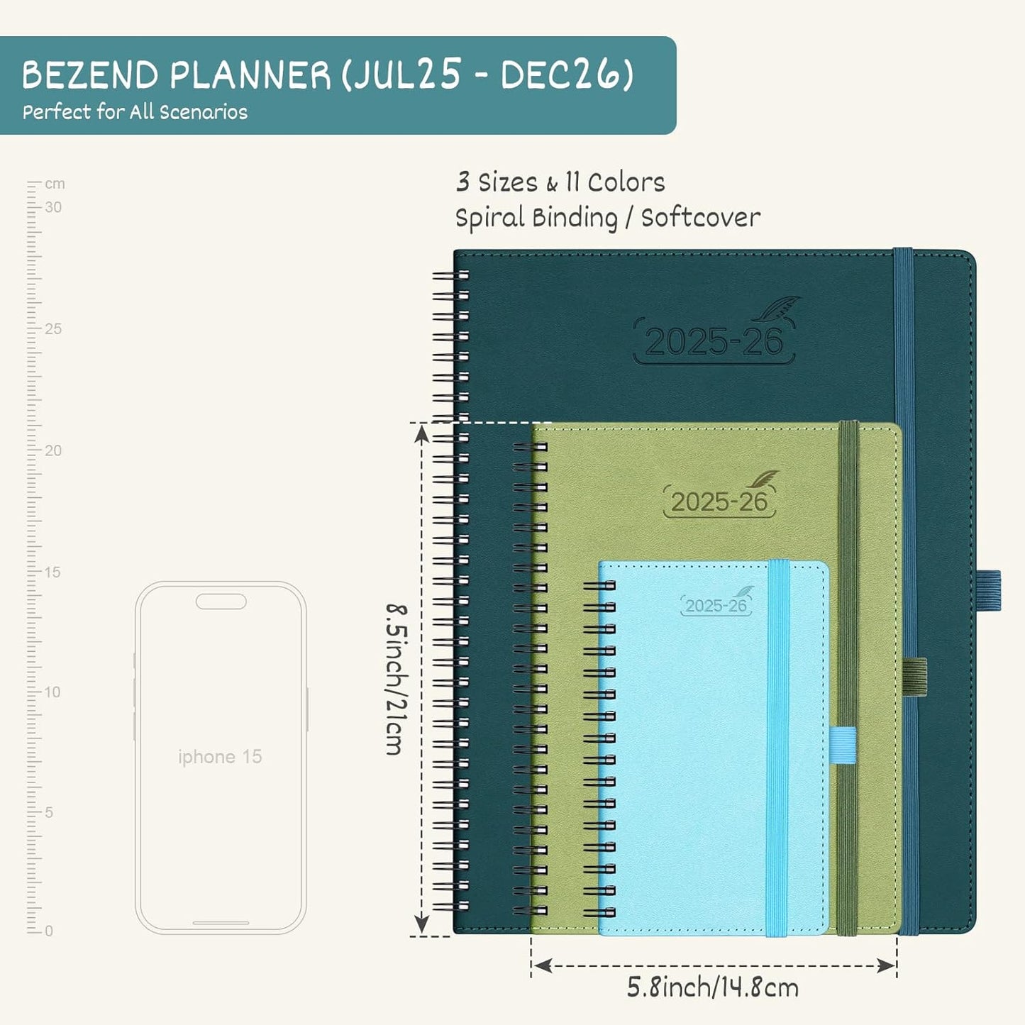 BEZEND Planner 2025-2026 Weekly and Monthly, 5.8" x 8.5" Academic Calendar (Jul 25-Dec 26) Vertical Daily Appointment with Hourly Timeslot & Monthly Tab, Spiral, PU Leather Softcover - Lavender