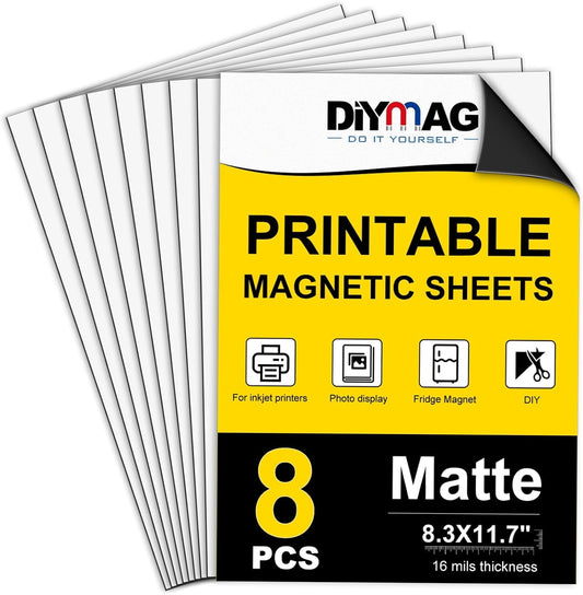 DIYMAG Printable Magnetic Sheets, 8.3" x 11.7" 8Pcs Flexible Magnet Sheet Matte Paper for Inkjet Printer, Photo Magnetics for DIY Crafts