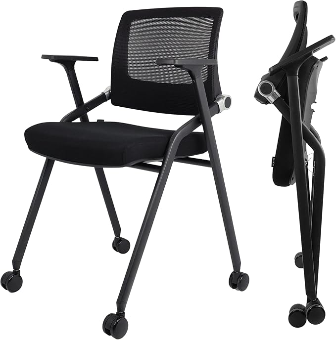 2 Pack Foldable Office Chairs with Wheels, Mesh Back, Arms and Portable - Folding Office Chairs for Conference Room Chair, Office Guest & Reception & Meeting Chair - (Black) 300 lbs.