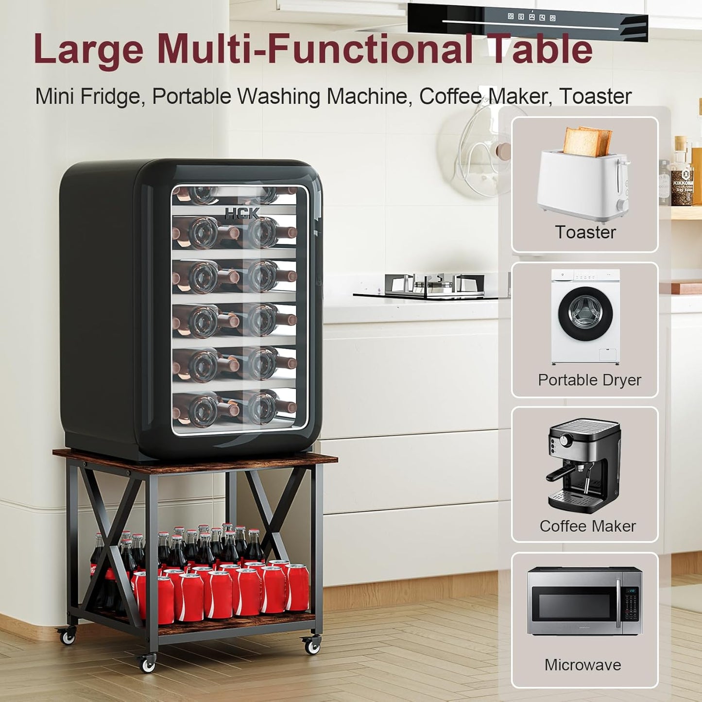 2-Tier Large Printer Stand with Storage Shelf, 23.6 x 23.6 Inches Printer Table, 2-Tier Rolling Cart with Industrial Wheels for Home Office, Mini Fridge, Laser, 3D Printer (Rustic Brown)