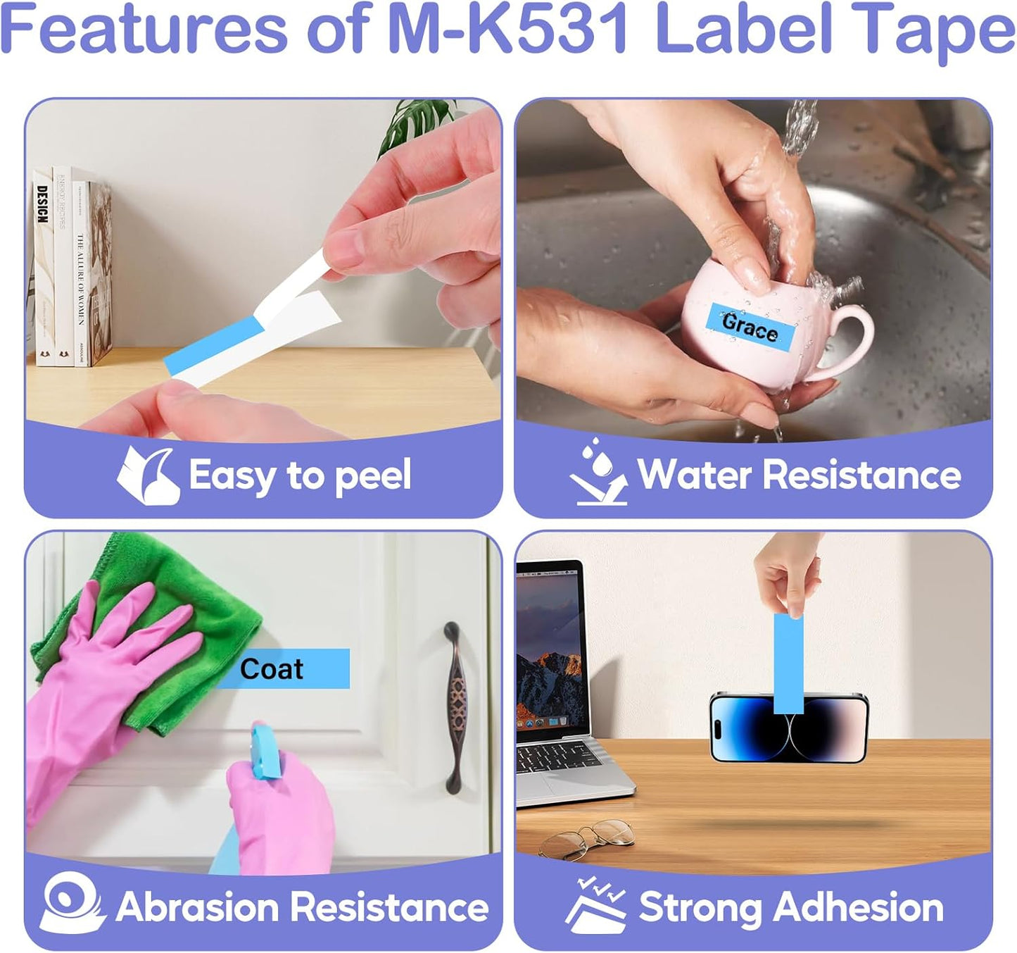 NineLeaf 4 Pack Compatible for Brother P-Touch M Tape M-K531 M-K531S MK531 M531 12mm 0.47'' Black on Blue Label Tape for PT-70BBVP PT-70BMH PT-70HK PT-70HOL PT-70HOT Label Maker