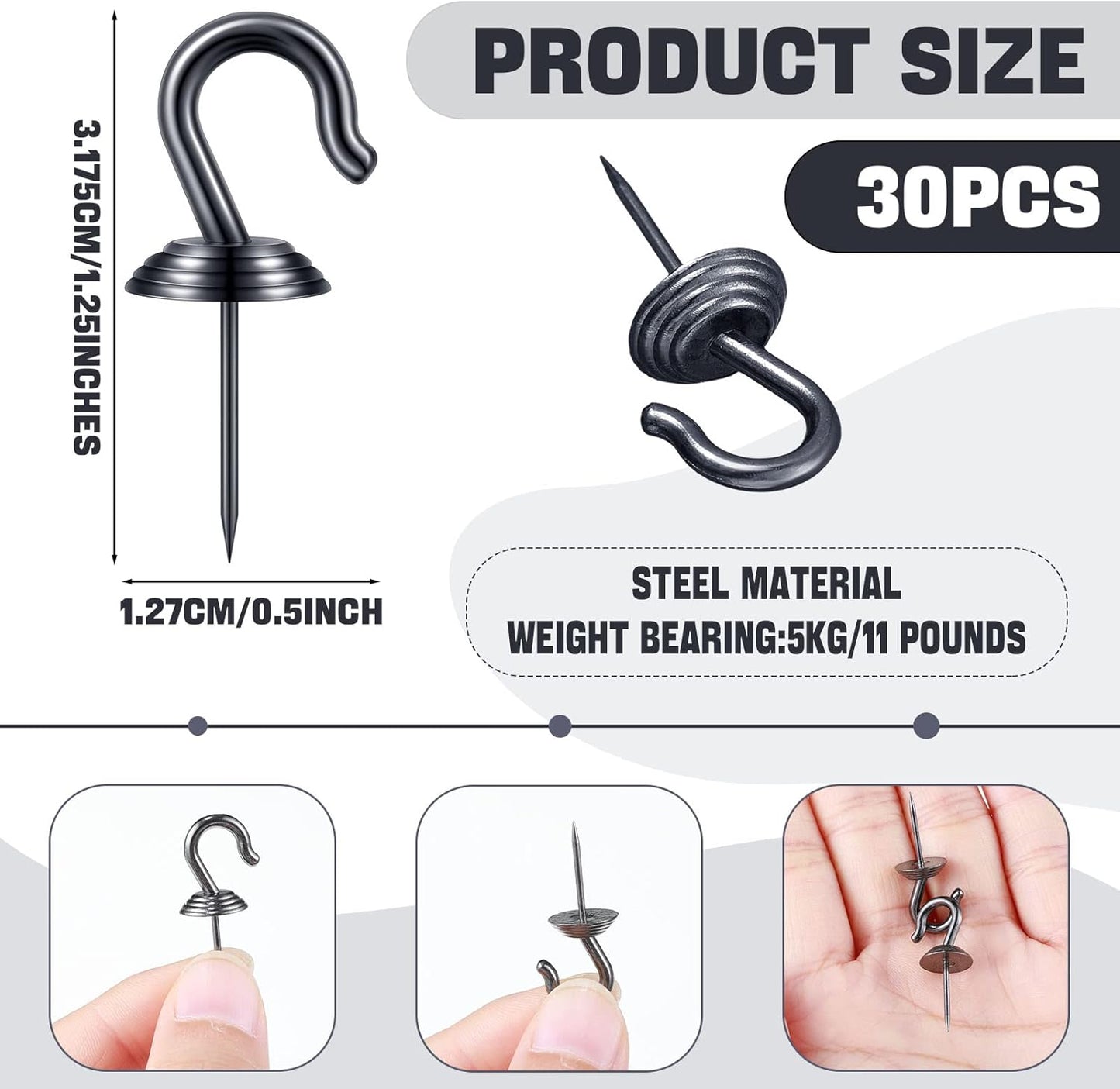 Hotop 60 Pieces Push Pin Wall Hooks Metal Thumb Tack Hangers Iron Alloy Nail Decorative Picture Hooks for 20 Lbs Home Office School Party Supply (Black)