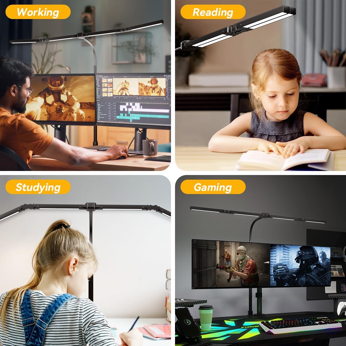 Adjustable LED Desk Lamp – Stepless Dimming & Color Temp Remote Control, Eye-Caring 4 Large Bright Light Souce for Home Office, Gooseneck, Clamp Base, 5 Lighting Modes for Reading, Computer, DIY