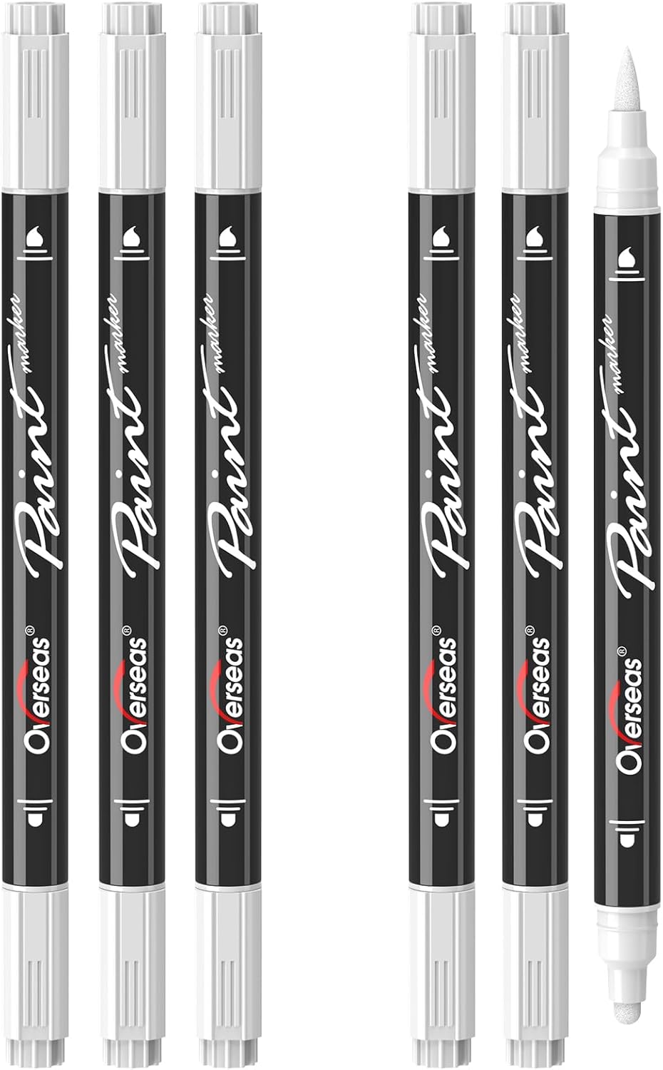 Overseas White Acrylic Paint Markers, 6 Pack Dual Tip Paint Pens Acrylic Markers - Dot and Brush Tip Coloring Marker for Wood, Rock, Canvas, Glass, Metal, Plastic, Rubber, Fabric, School Supplies