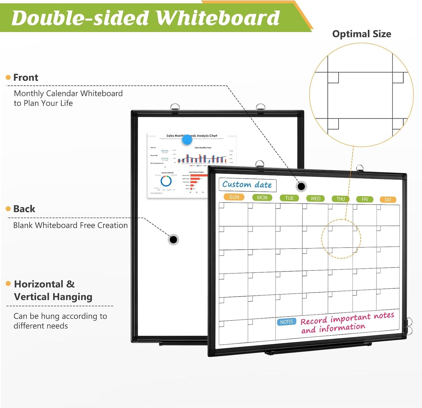 Dry Erase Calendar Whiteboard for Wall, 36" x 24" Double-Sided Magnetic Monthly WhiteBoard Calendar Dry Erase, Wall Hanging Aluminum Frame Calendar Board with Tray for Home, School, Office