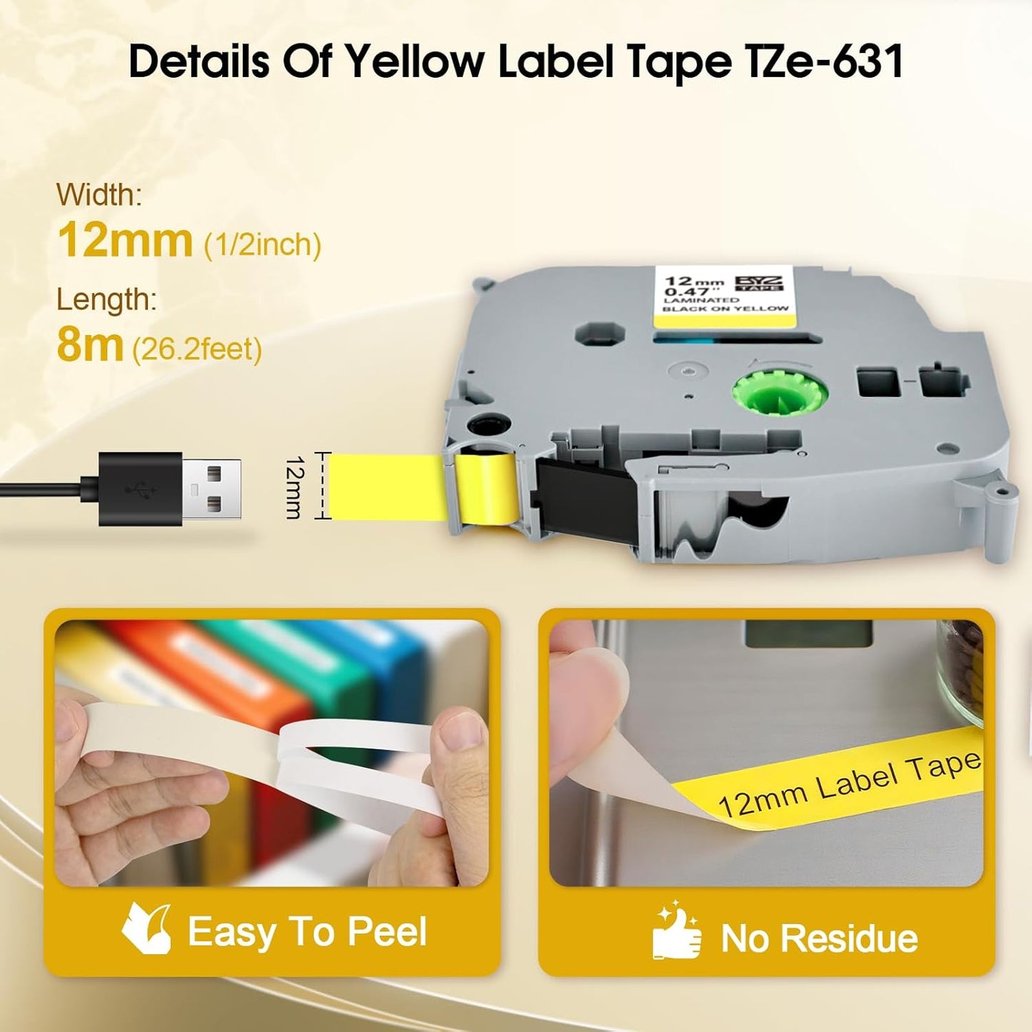 BOYEEZON 4Pack TZ Yellow Tape 12mm 0.47 Compatible for Brother PTouch TZe-631 TZE631 Black on Yellow Label Tape Work for Brother PT-D210 PT-D600 PTD400 Label Maker, 1/2 in x 26.2 Ft