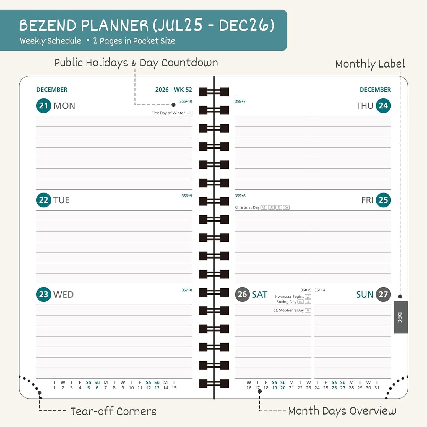 BEZEND Pocket Planner 2025-2026 Weekly and Monthly, 3.5" x 6" Academic Planner (Jul 25-Dec 26) 18-Month Mid-Year Calendar Book, Storage Pocket, Pen Holder, PU Leather Softcover, Spiral - Cornflower