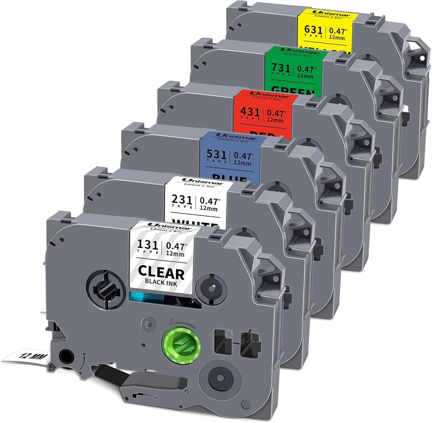 Unismar 6-Pack Compatible for Brother P Touch TZe-231 131 431 531 631 731 TZe TZ Tape 12mm 0.47 Laminated Clear/White/Red/Blue/Yellow/Green for Ptouch PT-D210 D220 H110 D400 D410 Label Maker