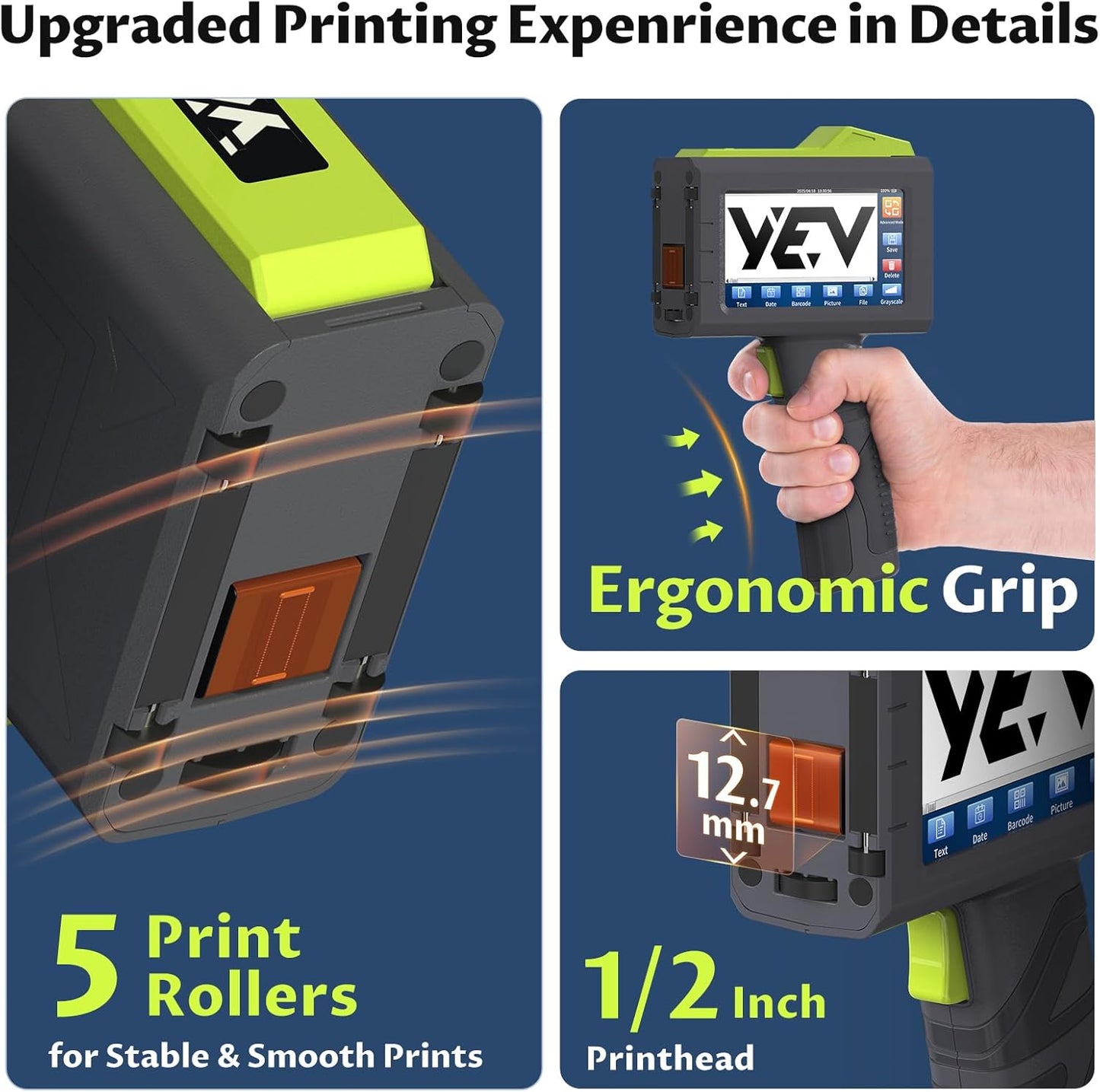 YEV Handheld Inkiet Printer VP127 Upgraded Enhanced 16-Hour Continuous Printing with Photoelectric Sensor for Batch Numbers, Logos, Serial Numbers, Barcodes, and QR Codes on Various Materials (Green)
