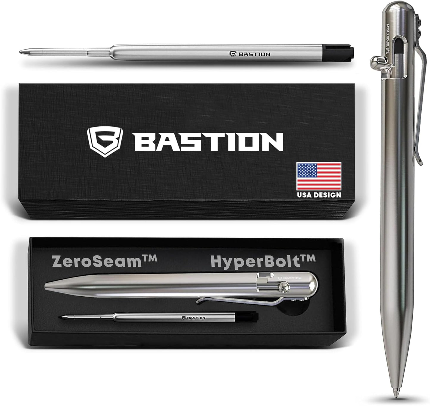 BASTION® Luxury Bolt Action Pen, Durable Professional Ballpoint Pen with Fine Tip, EDC Pen Ink Refillable Pen - 100% Stainless Steel