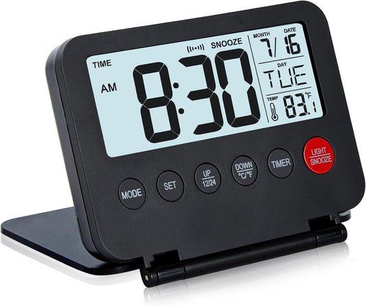 Small Digital Travel Alarm Clock, Large LCD Display Front Button with Date & Temperature, Snooze and 8 Seconds Backlight AAA Battery Operated Desk Clock for Home & Office, Black