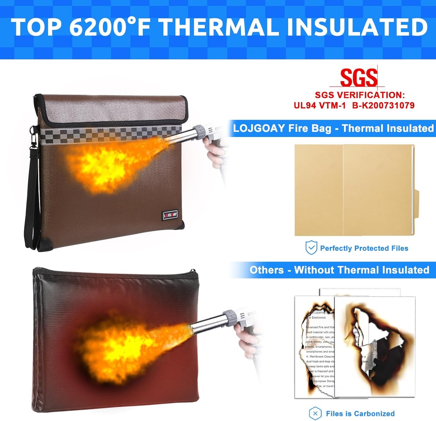 6200°F Fireproof Document Bag with upgrated Fireproof Zipper, Fire Proof Money Bag for Cash with Hand Strap, 9 Layers of Heat Insulated Materials, Water Resistant Fireproof Bag for Documents,Safe Bag