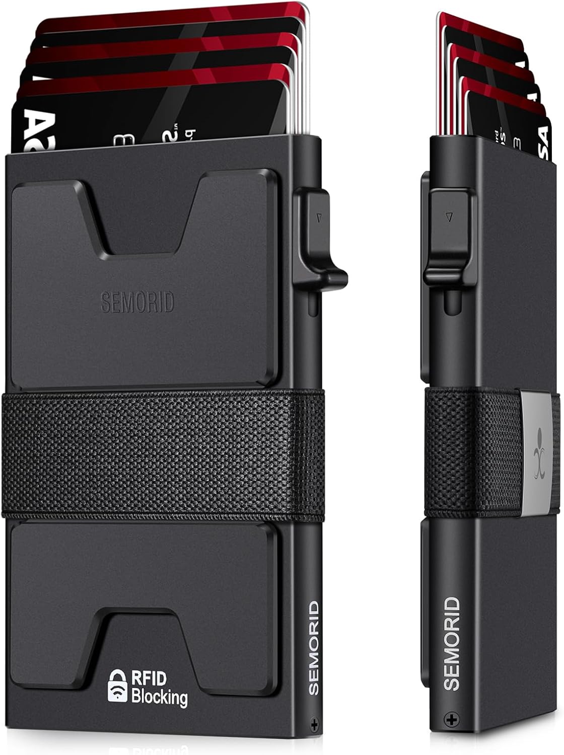 Slim Aluminum Card Holder Wallet for Men, Durable Expandable Backplate, RFID Blocking Minimalist Metal Pop Up Wallet, Holds 12+ Cards Plus Cash (Black)