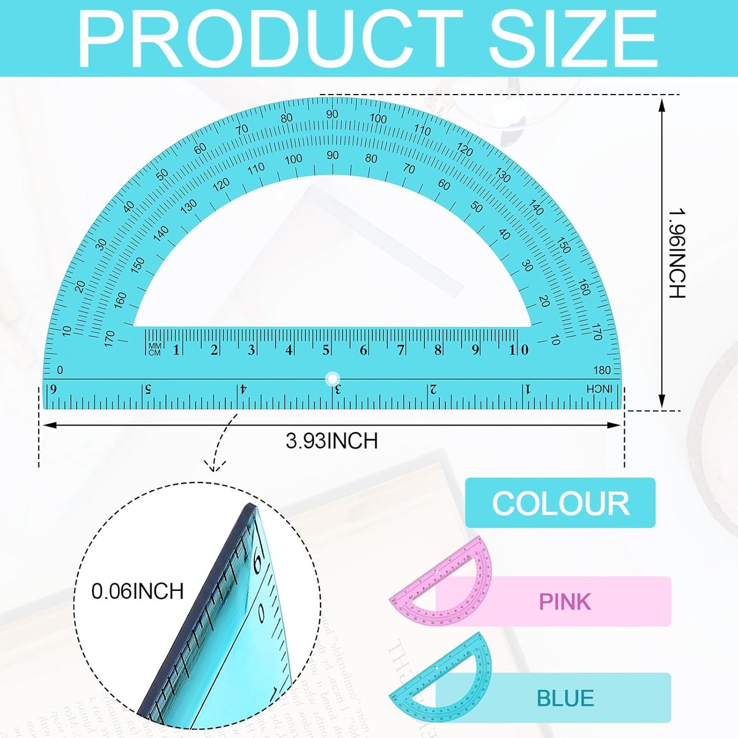 Ctosree 12 PCS Bulk Protractor - Plastic Translucent 180 Degrees 6 Inch Clear Math Protractor Set for Geometry, Angle Measurement, Office Stationery, Pink & Blue