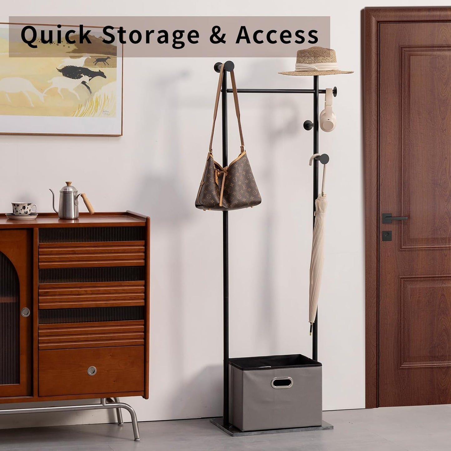 Coat Rack Freestanding with Storage Basket Heavy Duty Clothes Rack Marble Base Modern Coat Stand for Bedroom Living Room Hotel 13.39" D x 19.69" W x 68.9" H (Black)