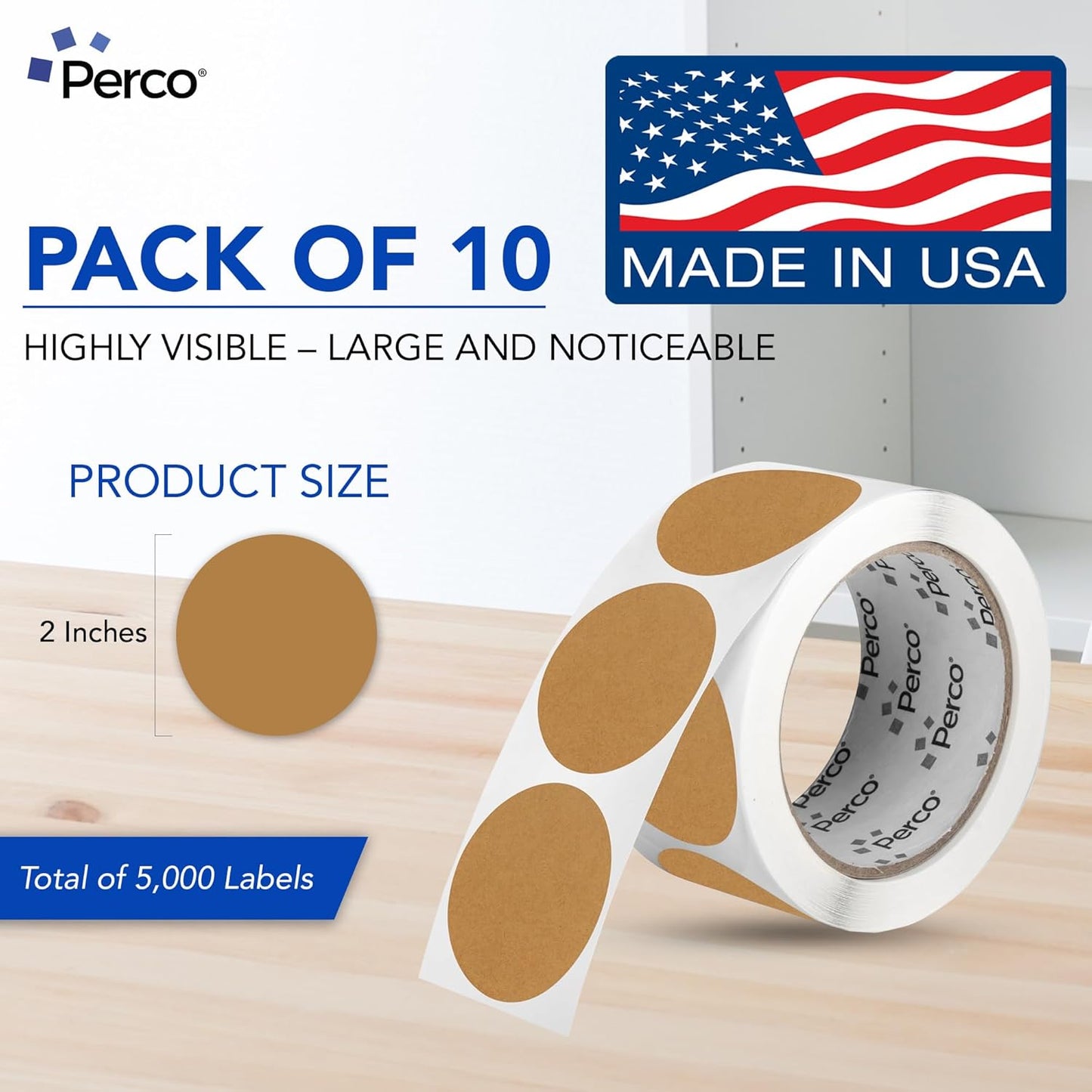 Perco Kraft Brown 2-Inch Perforated Circle Dot Sticker Labels — 10 Rolls, 5,000 Round Stickers — Natural, Cardboard-Like Surface with Permanent Adhesive for Organizing, Crafting & More—Made in USA
