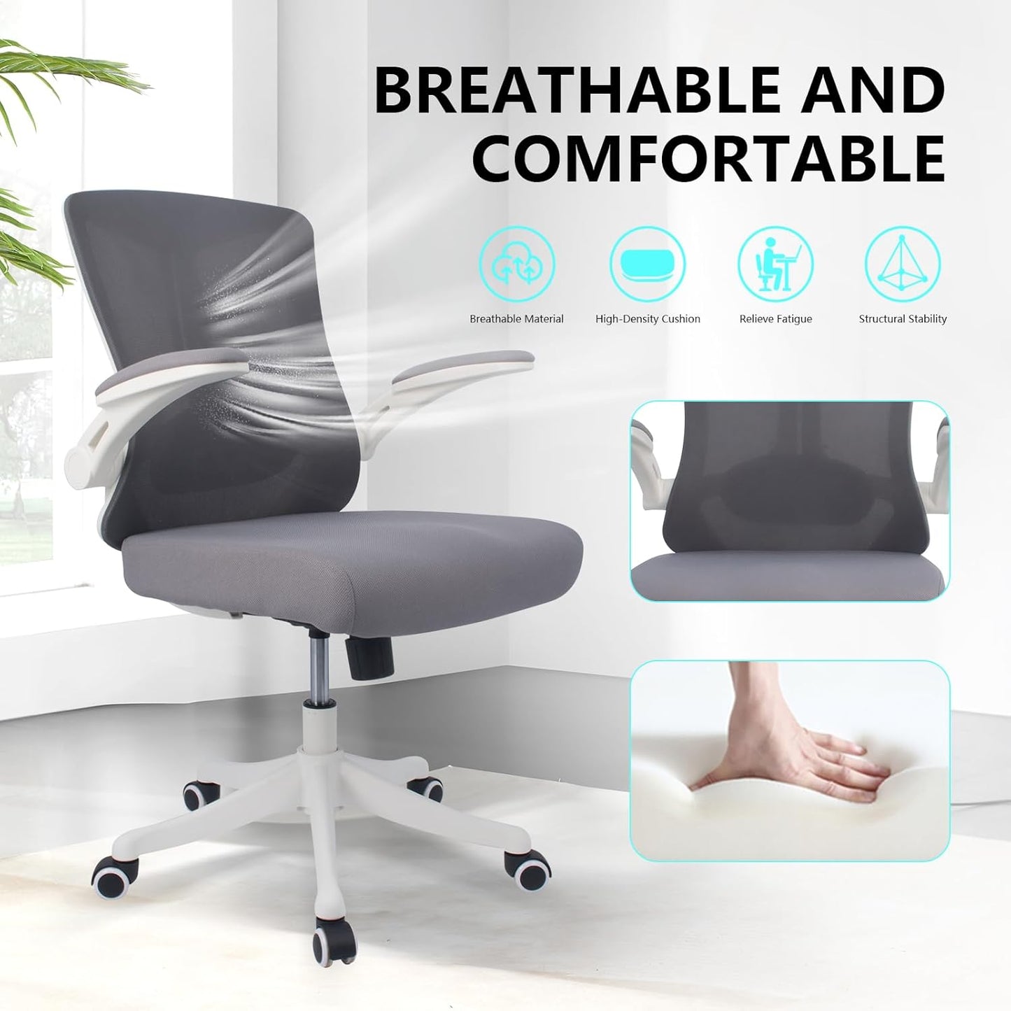 Ergonomic Comfort Home Desk Office Chair, Mid Back Computer Gaming Chair with Wheels, Adjustable Height, Lumbar Support, Flip-up Armrest with 350LBS Capacity (White Grey)